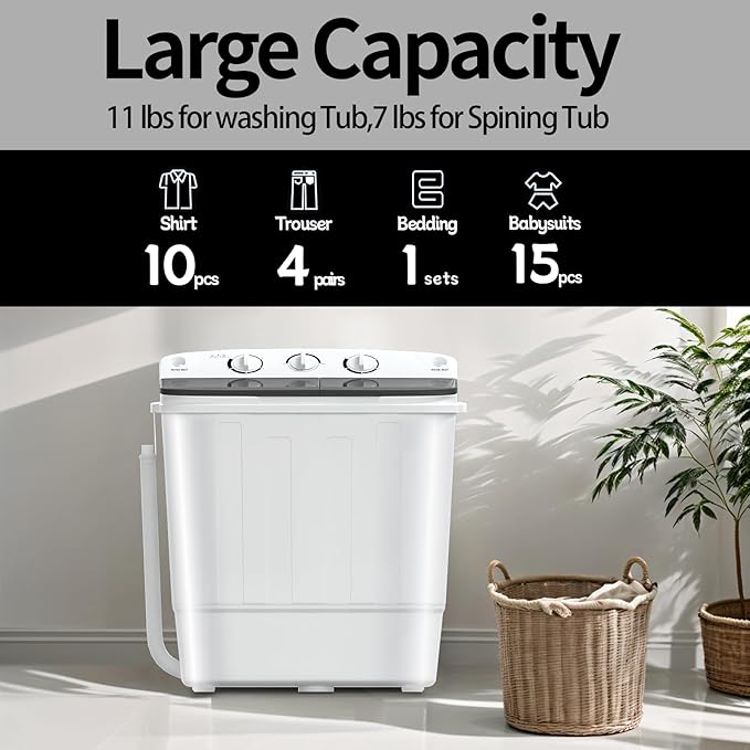 Portable Mini Twin Tub 18lbs Washing Machine With Drying Rack& 10 Hangers, 11lbs Washer & 7lbs Spinner, Small Laundry Washer with Time Control for Camping, Apartments, RV (18lbsBlack)-Ruum Studio Home