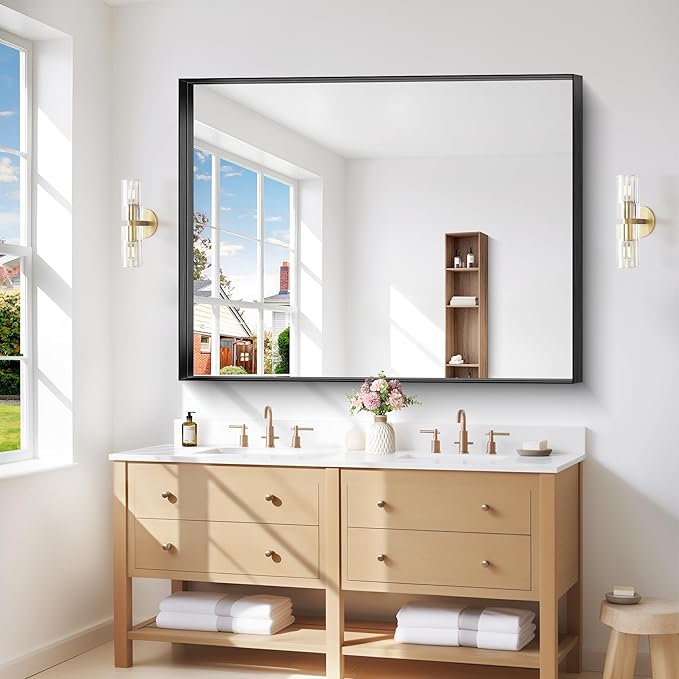 Black Bathroom Mirror, 36x48 Inch Rectangular Deep Frame Mirror, Large Wall Mounted Bathroom Vanity Mirror Over Sink for Bedroom,Restroom, Living Room, Hangs Vertically or Horizontally-Ruum Studio Home