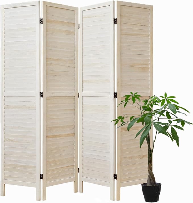 White Room Divider, Temporary Wall with Double Hinges, 5.6 Ft Tall Folding Louver Wood Screen for Home Office Bedroom Hotel Decoration (4 Panels, White-Washed)-Ruum Studio Home