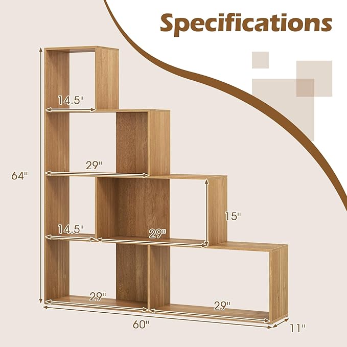 Tangkula 4-Tier Stepped Bookshelf, Freestanding 6 Cubes Ladder Bookcase with Anti-Tipping Kits, 64" Tall Modern Wooden Storage Display Rack for Home Office Living Room Study (1, Natural)-Ruum Studio Home