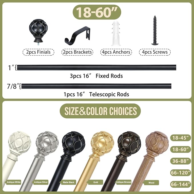 Black Adjustable Curtain Rods for Windows:18-60" Farmhouse Heavy Duty Curtain Rod for Bedroom Living Room,Boho Decorative Rustic Drapery Rods with Vintage Coastal Texture Finial,Matte Black-Ruum Studio Home