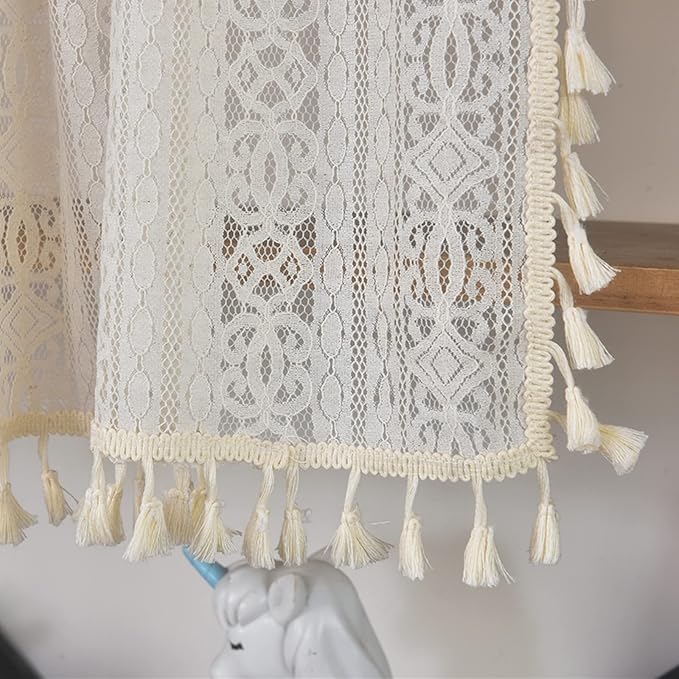 Sutuo Home Boho Sheer Curtain Valance Crochet Lace with Bohemian Hollow Knitted Handmade Tassels, Short Rustic Window Treatment for Kitchen Cafe, Rod Pocket, 1 Panel 59" W x 24" L,Beige-Ruum Studio Home