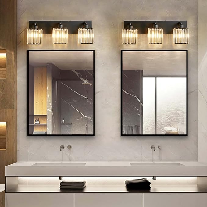 Modern Bathroom Vanity Light 3-Lights Modern Black Crystal Wall Light Bathroom Vanity Light Fixtures-Ruum Studio Home