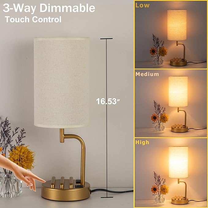 Dreamholder Touch Control USB Table Lamp, Upgraded 3-Way Dimmable Bedside Desk Lamp with USB C & A Charging Ports and AC Outlet, Nightstand Lamp for Bedroom, Dimmable Bulb Included, Gold-Ruum Studio Home