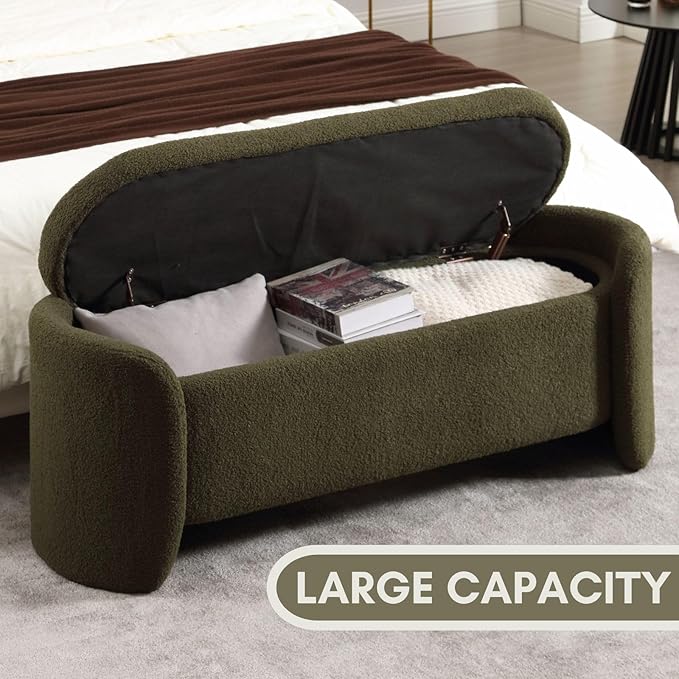 ROCTY Green Boucle Storage Bench - 50" Sherpa End of Bed Ottoman with Seating and Storage for Bedroom, Entryway, Living Room, Vanity or Makeup Room - Teddy Fabric-Ruum Studio Home