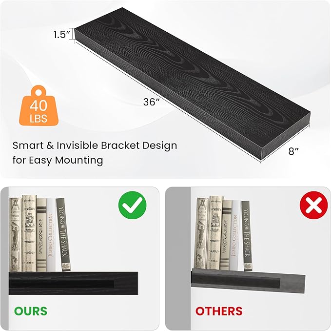 Floating Shelves for Wall, 36" W x 8" D x 1.5" H, Wooden Wall Mounted Display Shelves with Invisible Brackets for Living Room, Bedroom, Bathroom, Kitchen Decor and Storage, Set of 2, Black-Ruum Studio Home