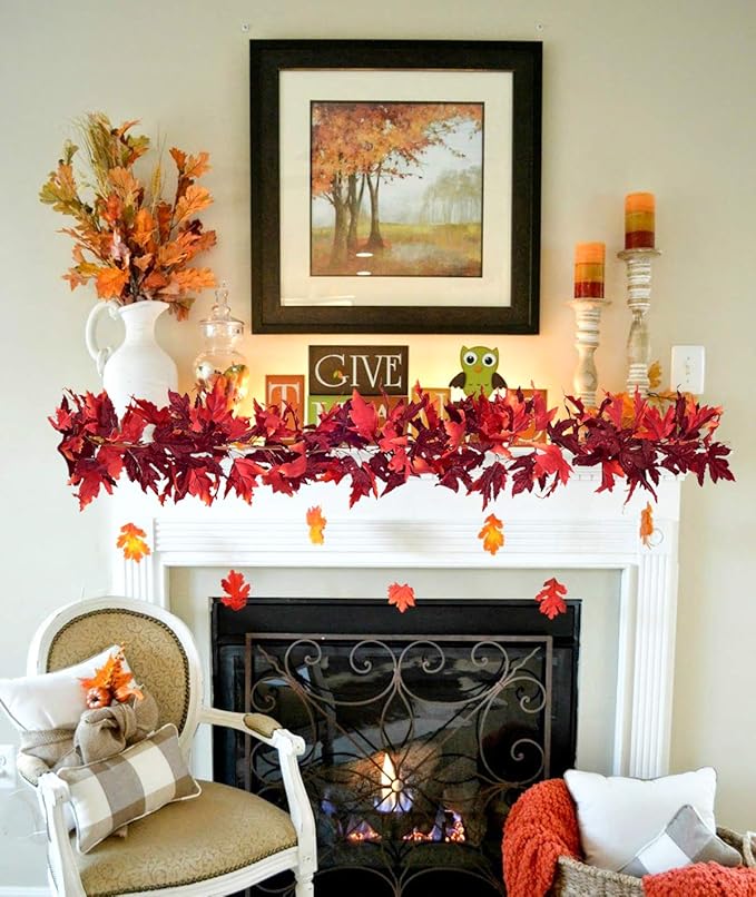 DearHouse 2 Pack Fall Garland Maple Leaf, 5.9Ft/Piece Hanging Vine Garland Artificial Autumn Foliage Garland Thanksgiving Decor for Home Wedding Fireplace Party Christmas (Dark Red)-Ruum Studio Home