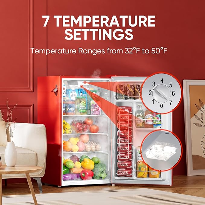 Upstreman 3.2 Cu.Ft Retro Mini Fridge with Bottle Opener, Energy Saving, Adjustable Thermostat, Metal Handle, LED Lamp, Mini Refrigerator for Bedroom, Office, Dorm-BR321 PRO (Red)-Ruum Studio Home