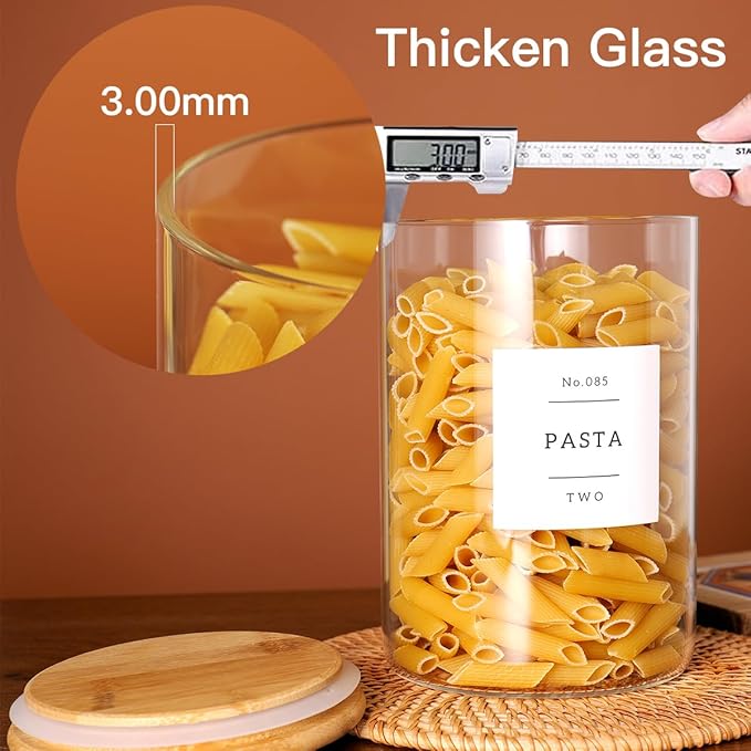 Set of 6 Glass Flour and Sugar jars with 132 Kitchen Pantry Labels - Thicken Large Glass Storage containers with Airtight Bamboo Lid - Glass Rice Canisters for Salt Coffee(100OZ/54OZ/27OZ)-Ruum Studio Home