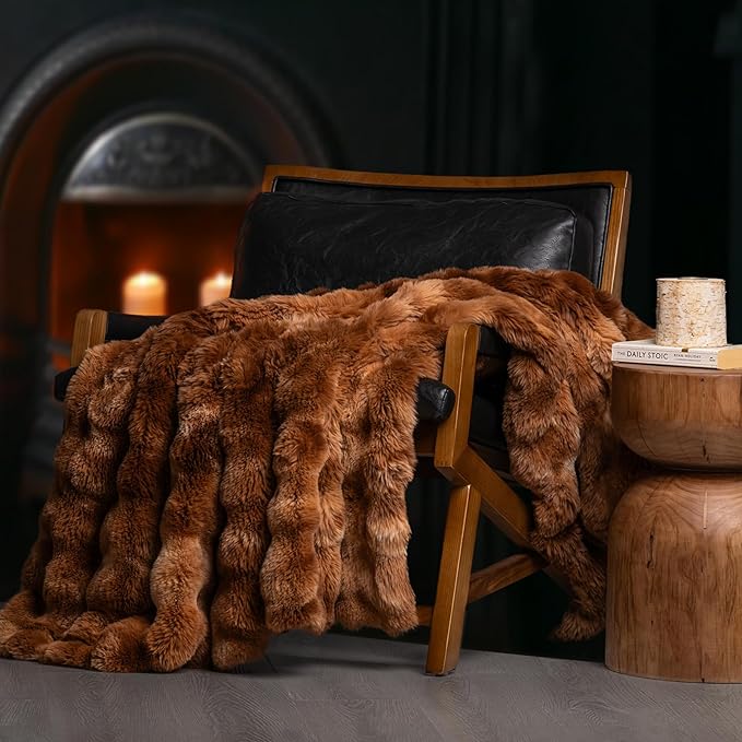 EVERGRACE Ultra Soft Luxury Fluffy Ridgeline Faux Rabbit Fur Throw Blanket, Thick Warm Bubble Throw for Bed, Cozy Plush Reversible Blankets for Couch, Chair, Sofa, Lion Caramel, 60x80 Inches, 870 GSM-Ruum Studio Home