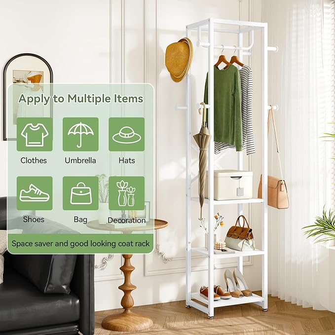 IBUYKE Coat Rack with Shelves, Freestanding Hall Tree with 3 Shelves and 8 Hooks, Industrial Clothes Stand for Entryway, Hallway, Bedroom, White UTMJ088W-Ruum Studio Home