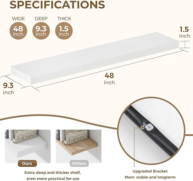48 Inches Floating Shelves for Wall, 9.3" Deep Long Floating Shelves Set of 1, Large Display & Storage Shelf, Wall Shelf for Bathroom Bedroom Living Room Kitchen Office, White-Ruum Studio Home