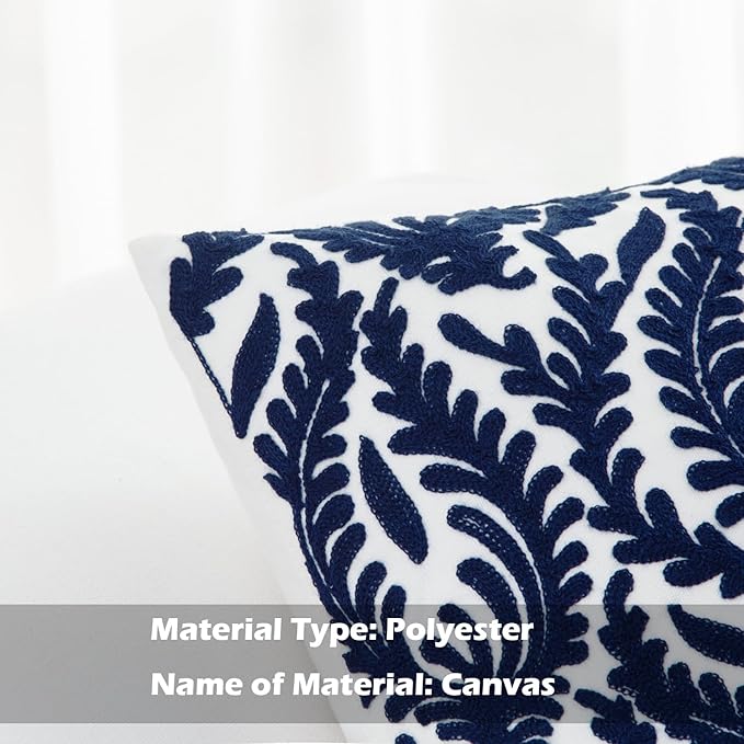 HWY 50 Navy Blue Decorative Throw Pillow Covers 18x18 Inch (1 Piece), Embroidered Cotton Farmhouse Cushion Cover Pillow Case for Sofa Couch Living Room Bed Bedroon, Floral Branches-Ruum Studio Home