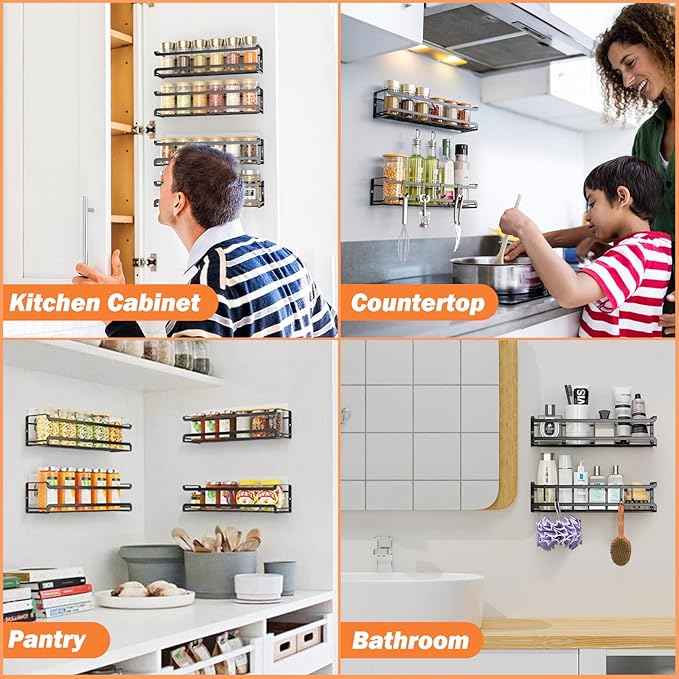 Spice Rack Wall Mounted 4 Pack,Space-Saving Spice Organizer for Spice Jars and Seasonings,Screw or Adhesive Hanging Spice Rack Organizer for Your Kitchen Cabinet,Pantry Door,11.41x2.75x2.75in-Ruum Studio Home