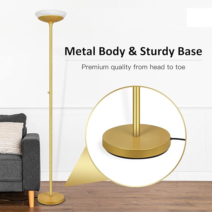 BoostArea Torchiere Floor Lamp, 24W Super Bright LED Standing Lamp, 3000K Stepless Dimmable Pole Lamp with Rotary Switch, 70 Inch Tall Metal Modern Floor Lamps for Living Room/Bedroom/Office/Den, Gold-Ruum Studio Home