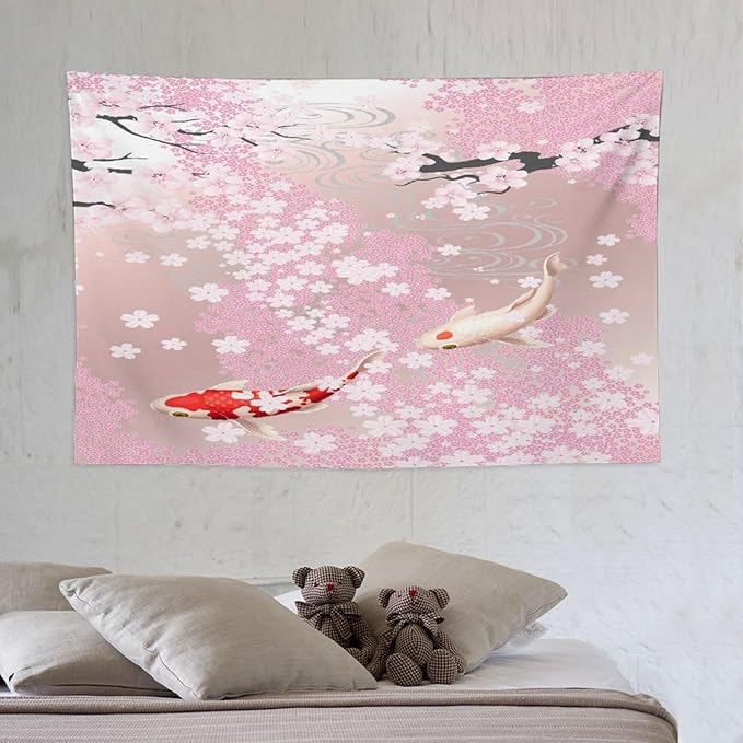 Houselerax Japanese Koi Fish Tapestry, Cherry Blossoms Asian Oriental Pink Flower Branch Koi Fish Carp Tapestries Wall Hanging for Bedroom Living Room Office Decor 60"x40"-Ruum Studio Home