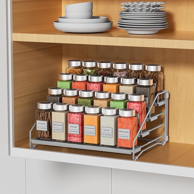 RCHYFEED 4 Tier Spice Rack Organizer, Spice Organization for Cabinet,Pantry, Countertop,Tiered Spice Rack Easy Visibility,Depth Expandable Seasoning Shelf for Kitchen Cabinet Organizer,Silver-Ruum Studio Home