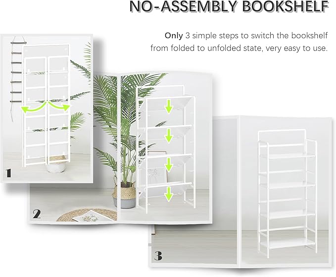 4NM No Assembly Foldable Bookshelf, 4-Shelf Collapsible Bookcase Storage for Small Spaces, 54" H, All White-Ruum Studio Home