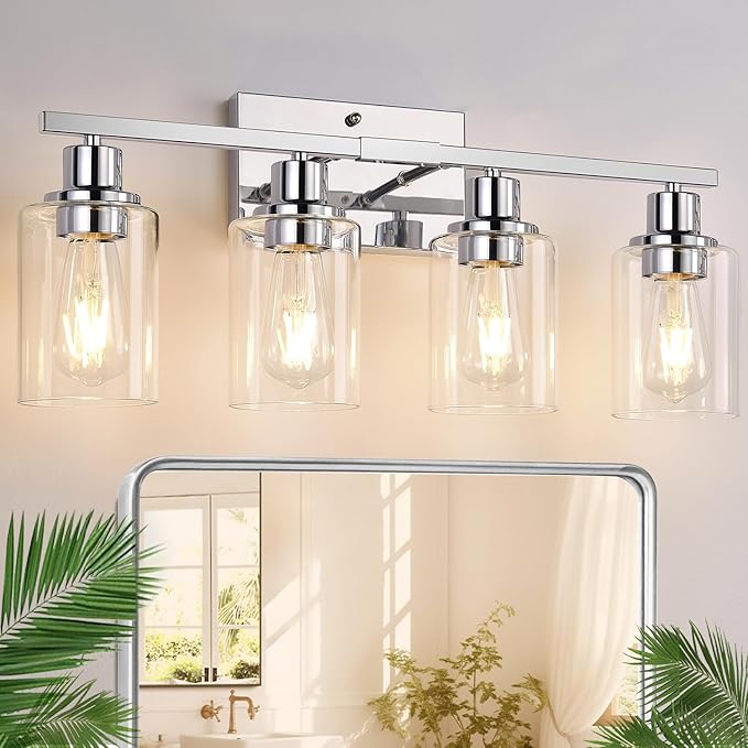 4 Light Bathroom Light Fixtures, Chrome Vanity Lights with Clear Glass Shades, Modern Bathroom Light Fixtures Over Mirror, Modern Bathroom Wall Lamp for Mirror Living Room Cabinet-Ruum Studio Home