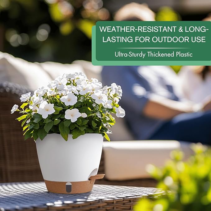 montresor 2 Pack 8 inch Plant Pots, PP Plastic Self Watering Plant Pot with Drainage and Tray for Indoor Outdoor Plants, Water Level Window & Reservoir Flower Pots Decorative Planter(White)-Ruum Studio Home