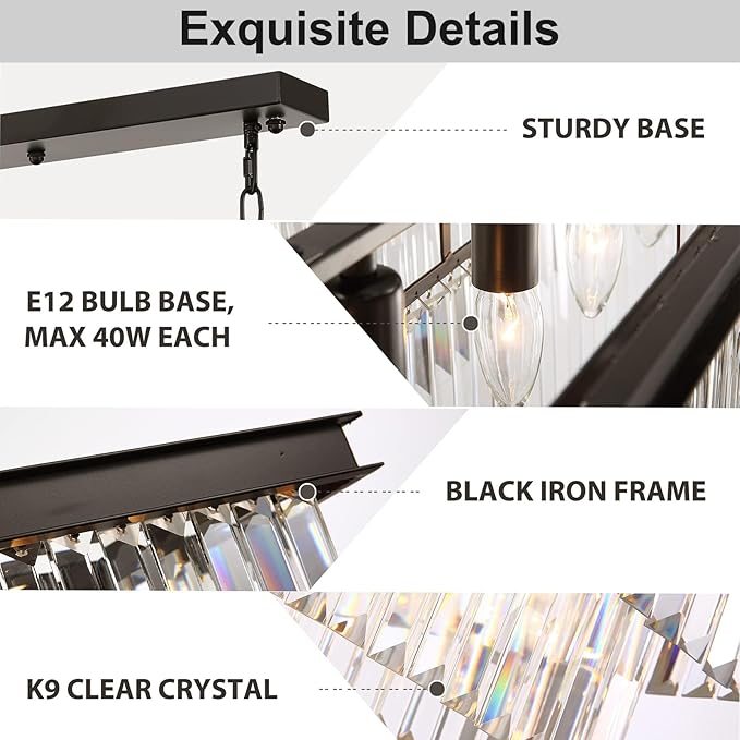 Rectangle Crystal Chandelier Black Modern Linear Chandelier Contemporary Pendant Light Fixture 8-Light Hanging Ceiling Light for Dining Room Living Room Kitchen Bedroom Foyer 47''-Ruum Studio Home