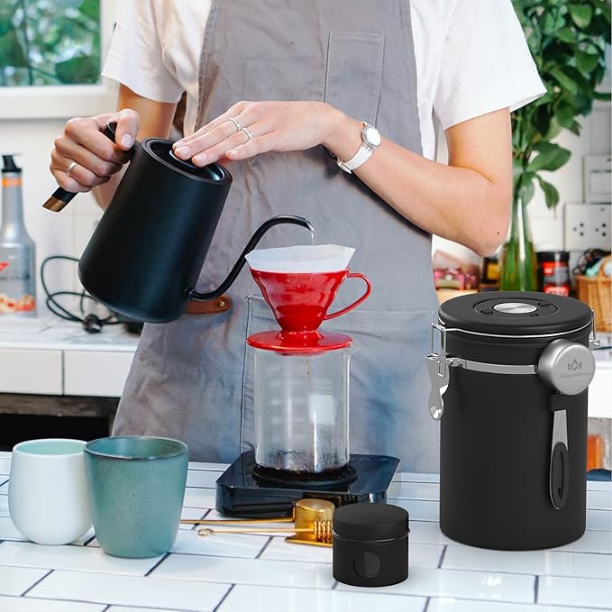 Coffee canister set for ground coffee with Date Tracker Travel Coffee jar,Stainless Steel Kitchen Food Airtight storage container for Coffee Beans or Grounds,Tea,Sugar (22oz-Black)-Ruum Studio Home