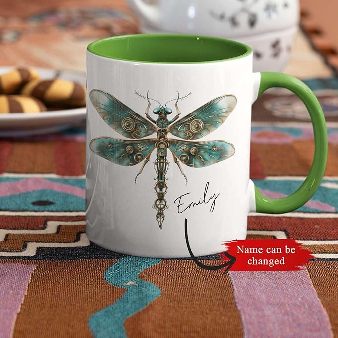 Personalized Steampunk Dragonfly Mug, Customized Name Coffee Cup 11oz, Custom Unique Dragonfly Ceramic Cup, Dragonfly Lovers White Cup, Steampunk Themed Decorative Mug, Kid Cup-Ruum Studio Home
