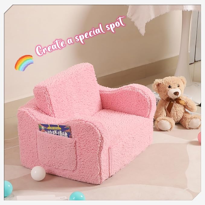 Kids Chairs for Toddler, 2-in-1 Toddler Soft Sherpa Couch Fold Out, Convertible Sofa to Lounger for Girls and Boys, Pink-Ruum Studio Home