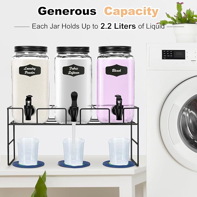 3-Pack 2.2L Glass Laundry Detergent Dispenser Set with Stand - Premium Liquid Soap Dispenser with PP Spigots, Measuring Cups, and Chalkboard Labels for Laundry Room Organization and Storage-Ruum Studio Home