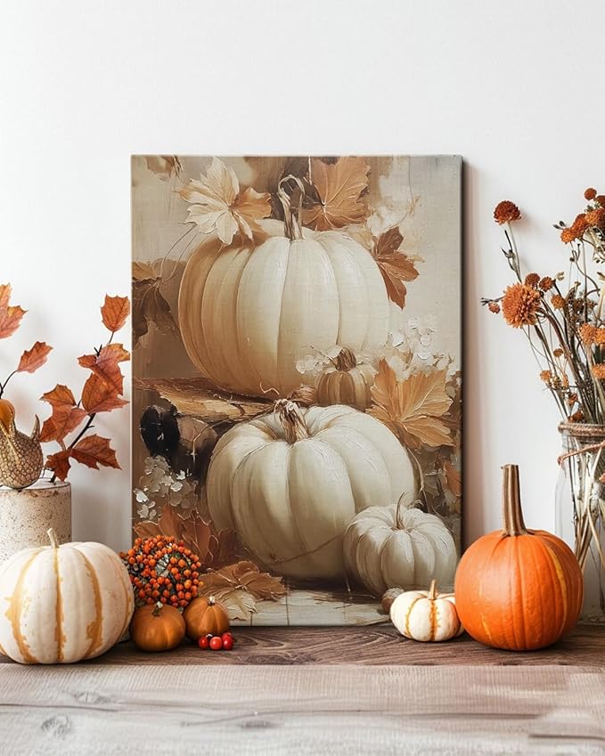 Rustic Autumn Pumpkin Wall Art Decor, Framed Vintage Thanksgiving Decorations, Fall Canvas Wall Art for Home, Kitchen and Living Room, Cozy Fall Decor Picture Print Ready to Hang-Ruum Studio Home