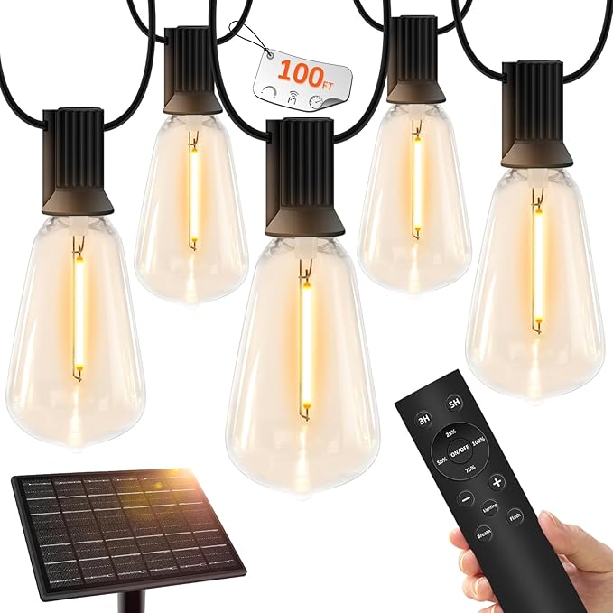 100 FT Solar String Lights Outdoor Waterproof with Remote & USB Port, Solar Power Patio Hanging Lights with Dimmer, Shatterproof LED Edison Bulb Outdoor String Lights for Outside Cafe Yard Fence-Ruum Studio Home