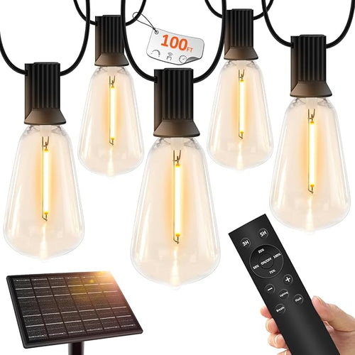 100 FT Solar String Lights Outdoor Waterproof with Remote & USB Port, Solar Power Patio Hanging Lights with Dimmer, Shatterproof LED Edison Bulb Outdoor String Lights for Outside Cafe Yard Fence-Ruum Studio Home