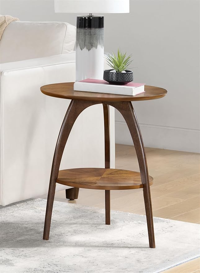 Martin Svensson Home LAX Two-Tone 20-Inch Caramel Brown Round Wood End Side Table with Walnut Legs and Shelf Storage-Ruum Studio Home