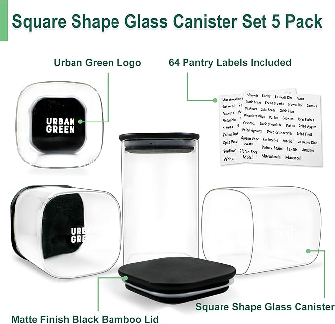 Urban Green Glass Jars with Black Bamboo Lids, food storage sets with airtight black lids, Glass Canisters Sets, Kitchen Organizing Jars (5 Sets of 27oz, 38oz, 66oz)-Ruum Studio Home