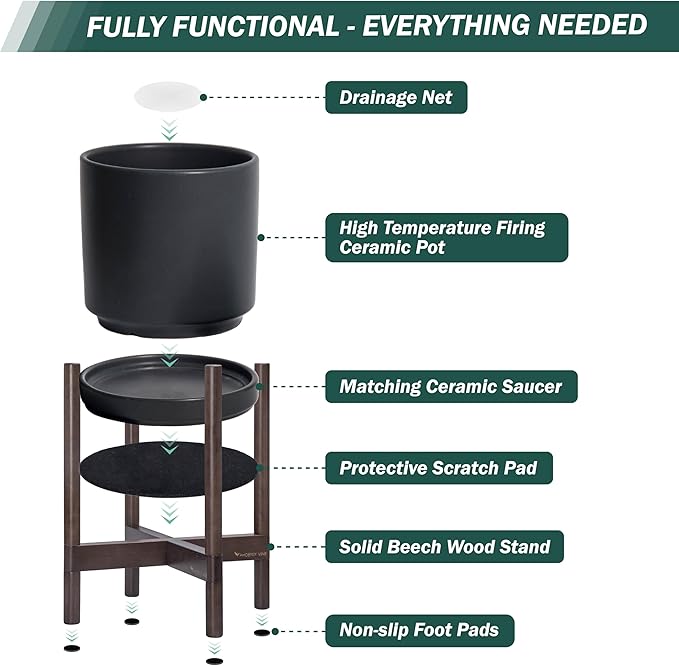 D'vine Dev Ceramic Planter with Walnut Color Stand - 10 Inch Modern Round Flower Pot with Wood Planter Holder, Black, 55-B-X-2-Ruum Studio Home