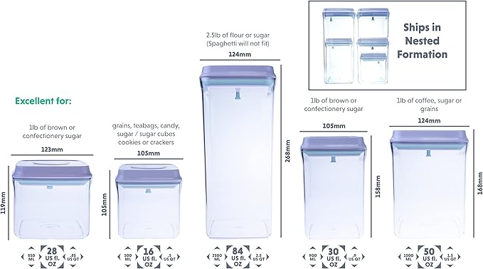 BopTop (5pc Set) Airtight Food Storage Container – Mechanical Silicone Seal Canister - BPA-Free Stackable - 2.5Qt/1.5Qt/.9Qt/.85Qt/.5Qt-Ruum Studio Home