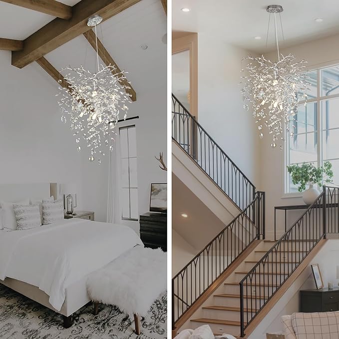 Silver Crystal Tree Branches Chandelier,21 Inchs 6 Lights Modern Round K9 Crystal Chandeliers for Dining Room, Bedroom, Living Room, Foyer,Kitchen Island,Bathroom-Ruum Studio Home