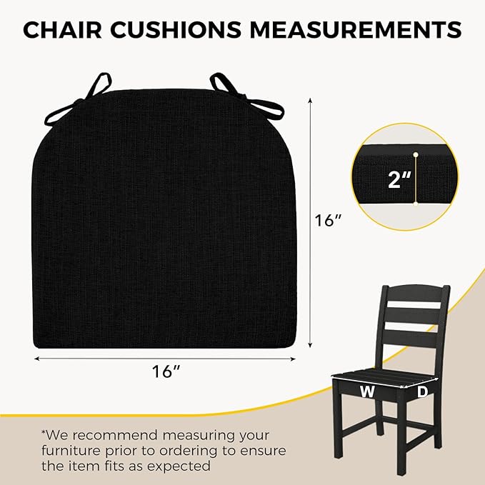 downluxe Indoor Chair Cushions for Dining Chairs, Soft and Comfortable Textured Foam Kitchen Chair Pads with Ties and Non-Slip Backing, 16" x 16" x 2", Black, 6 Pack-Ruum Studio Home