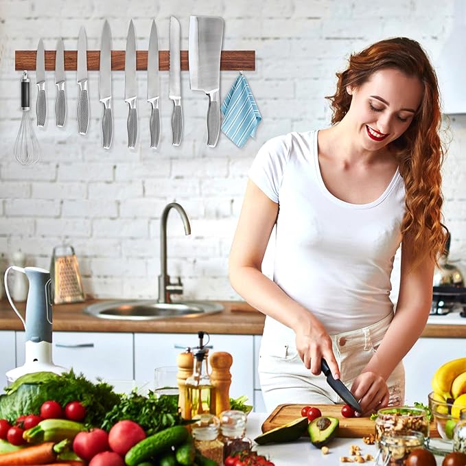 Magnetic Knife Holder for Wall, Magnetic Knife Strip No Drilling 20 Inch, Walnut Wood Magnet knife holder strip with 2 Hooks, Powerful Magnet Knife rack for Kitchen Utensils, Knives and Tools-Ruum Studio Home