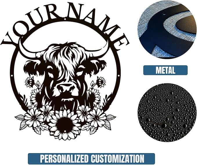 Personalized Highland Cow Name metal Signs,Custom Highland Cow Metal Shed Wall Decor,Black Metal Wall Art Plaques Outdoor wall Decorative Signage (Style H)-Ruum Studio Home