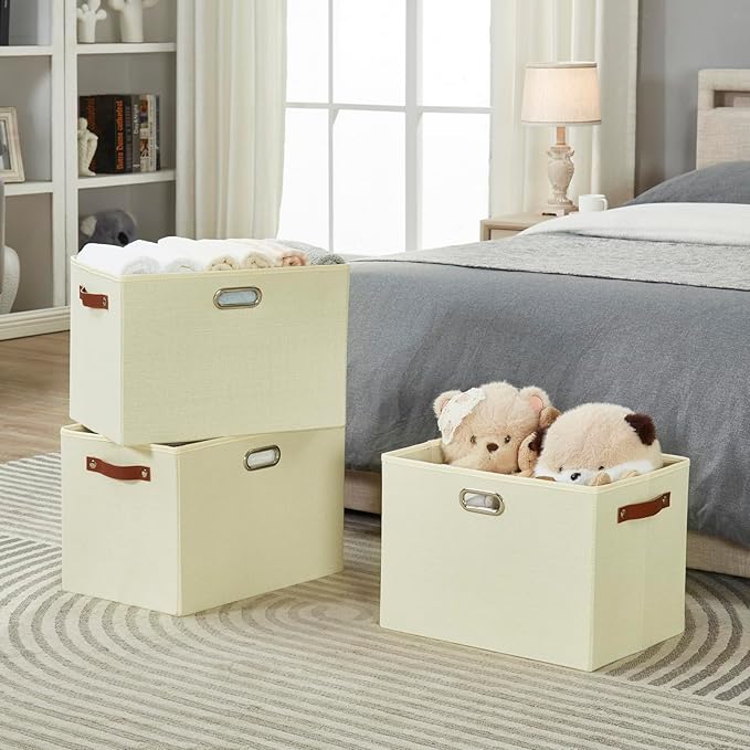 3-Pack Foldable Fabric Storage Bins with Durable PU & Metal Handles , Collapsible Storage Baskets for Shelves, Home Storage, Closet Organizers, Living Room(17"x11.8"x11.8", Beige)-Ruum Studio Home