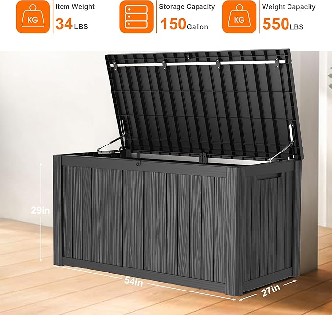 150 Gallon Resin Deck Box, Lockable Patio Outdoor Storage Box for Furniture, Garden Tools and Tools Storage, Waterproof Outside Storage Boxes - Black-Ruum Studio Home