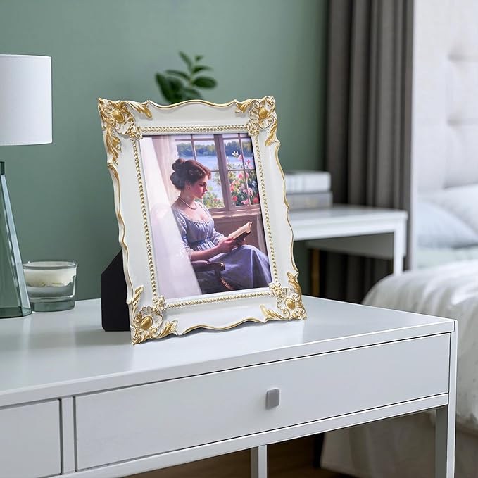 8x10 Vintage Picture Frame with Embossed Flower Design, White Ornate Frame for 8x10 or 5x7 Pictures with White Mat, Hand-Crafted Resin Antique Frames for Tabletop & Wall Hanging, Home Decor (White)-Ruum Studio Home