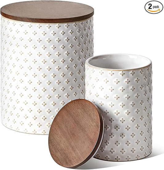 LE TAUCI Food Storage Containers with Airtight Lids, 78/25 oz Ceramic Sugar Canisters Sets, Embossed Large Jars for Pasta, Oats, Coffee Bean, Cookies, Rice, Grains, Tea - Set of 2, Clover-Ruum Studio Home