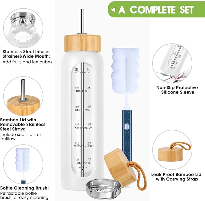 32 oz Glass Water Bottle with Straw - Motivational Time Marker & Silicone Sleeve - Reusable Tumbler Includes 2 Bamboo Lids & Fruit Infuser - 1 Pack-Ruum Studio Home