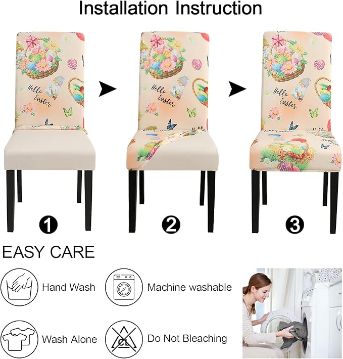 JQinHome Easter Chair Covers Set of 6,High Stretch Removable Washable Chair Seat Protector Cover for Easter Decoration-Easter Theme Decor with Easter Egg Basket