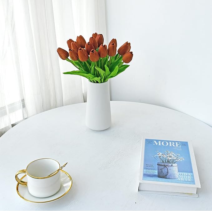 Mandy's Artificial Tulips 20 Stems Burnt Orange PU Faux Flowers for Wedding Home Decor 13.5 Inch-Ruum Studio Home