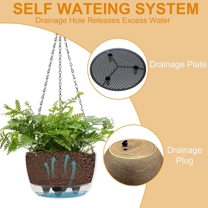 2 Packs Hanging Planters Basket for Outdoor Plants, Solar Powered Self Watering Copper Round Plastic Flower Pots with Drainer for Balcony Patio Garden Outdoor Decoration-Ruum Studio Home