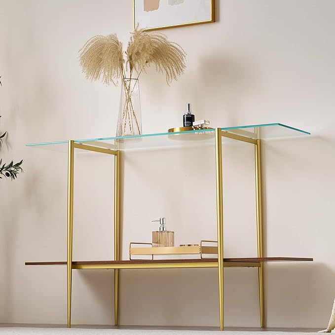 Extra Large Glass Console Table for Living Room, Foyer & Entrance, L47 x W16 x H31, Mid-Century Modern Sofa Table with Clear Glass Top, Walnut Finish Wood Top and Gold Finish Metal Frame-Ruum Studio Home