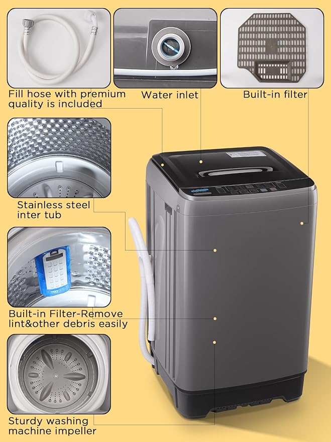 17.7 lbs Full-Automatic Washing Machine with LED Display, Portable Compact Laundry Washer with Drain Pump, 10 Wash Programs 8 Water Levels, Grey-Ruum Studio Home